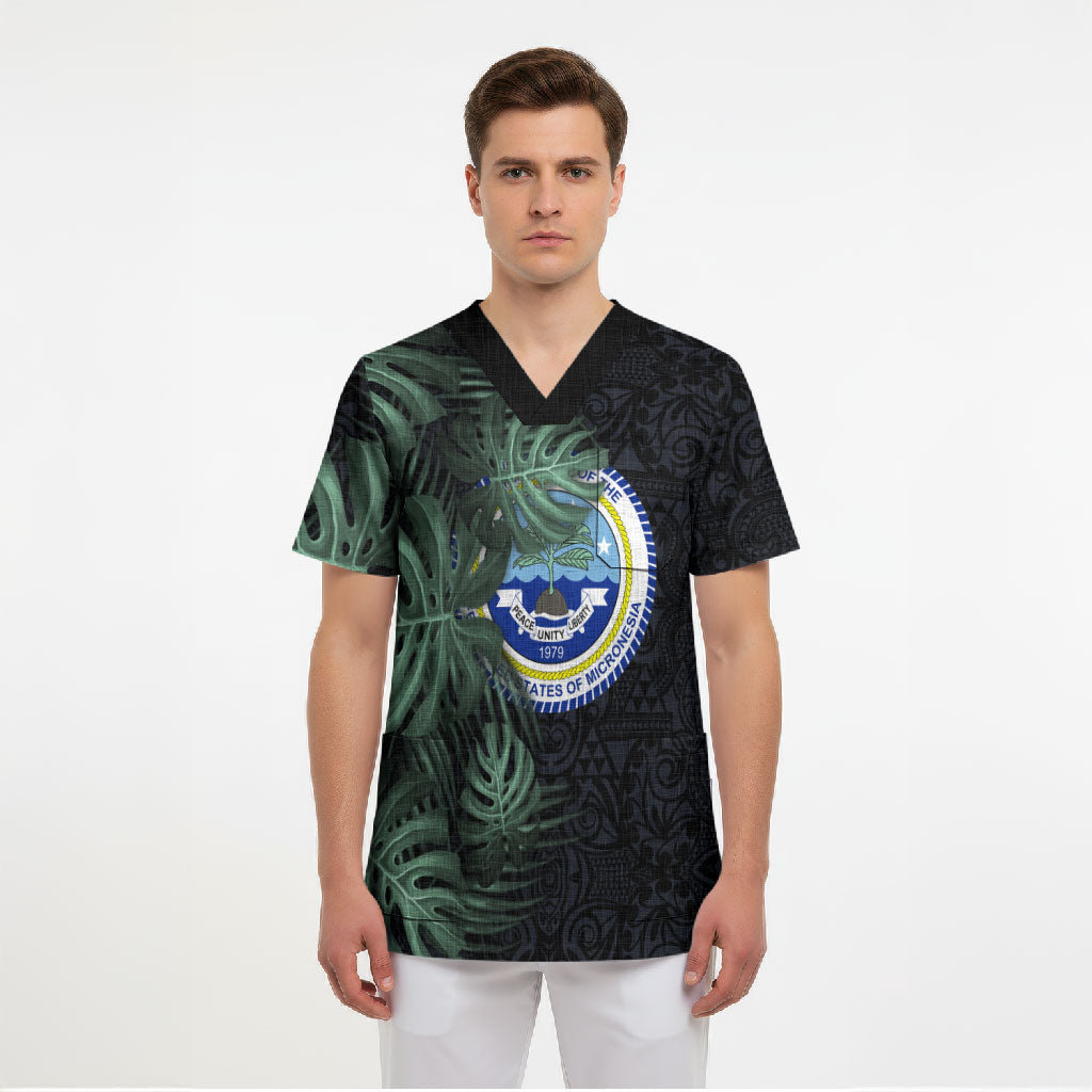 Federated States Of Micronesia Scrub Top FSM Tropical Monstera Leaf Dark Tribal Pattern