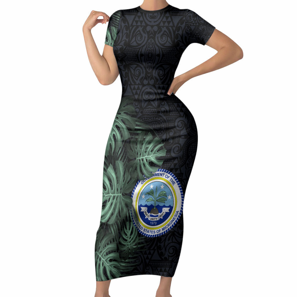 Federated States Of Micronesia Short Sleeve Bodycon Dress FSM Tropical Monstera Leaf Dark Tribal Pattern