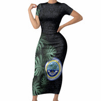 Federated States Of Micronesia Short Sleeve Bodycon Dress FSM Tropical Monstera Leaf Dark Tribal Pattern
