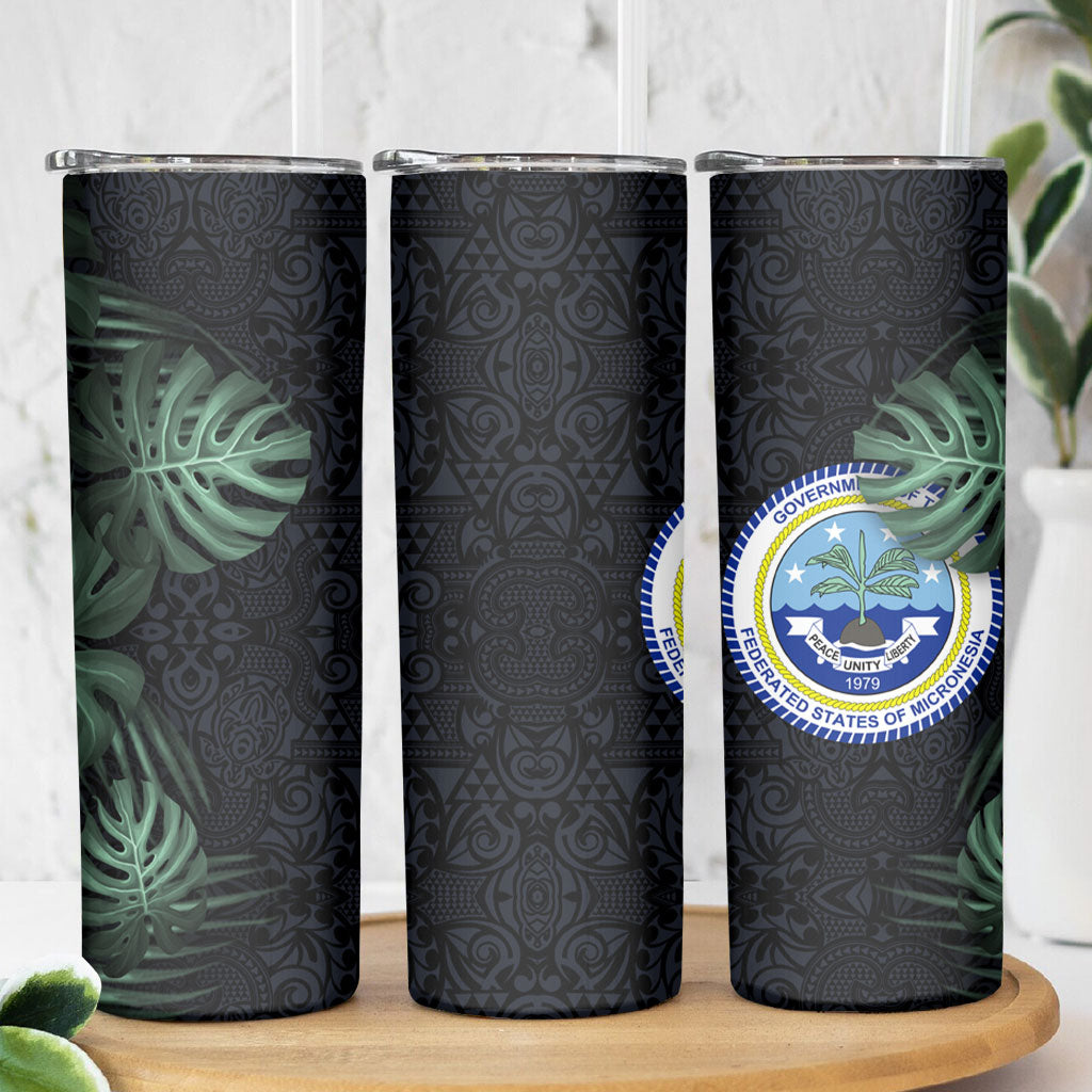 Federated States Of Micronesia Skinny Tumbler FSM Tropical Monstera Leaf Dark Tribal Pattern