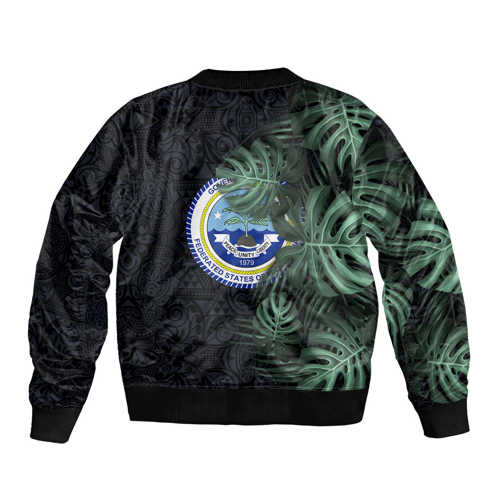 Federated States Of Micronesia Sleeve Zip Bomber Jacket FSM Tropical Monstera Leaf Dark Tribal Pattern