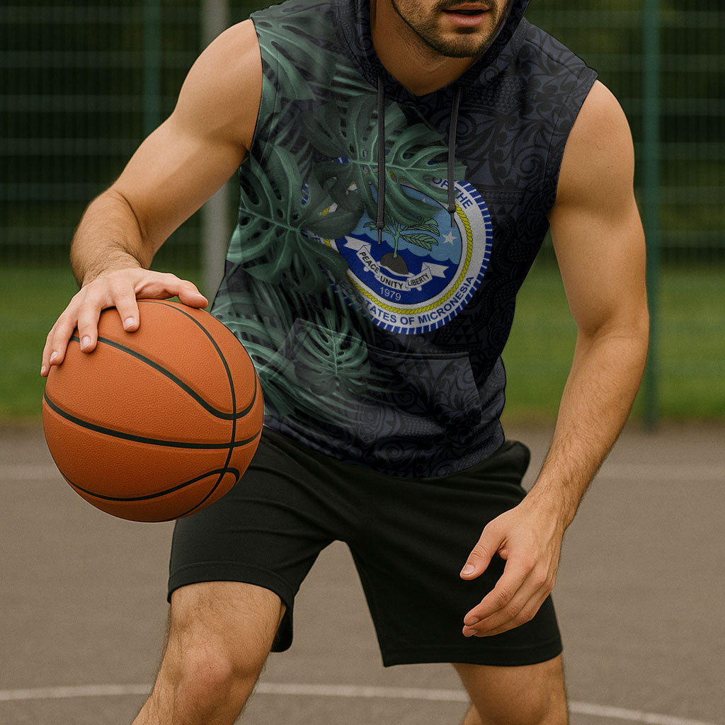 Federated States Of Micronesia Sleeveless Hoodie FSM Tropical Monstera Leaf Dark Tribal Pattern