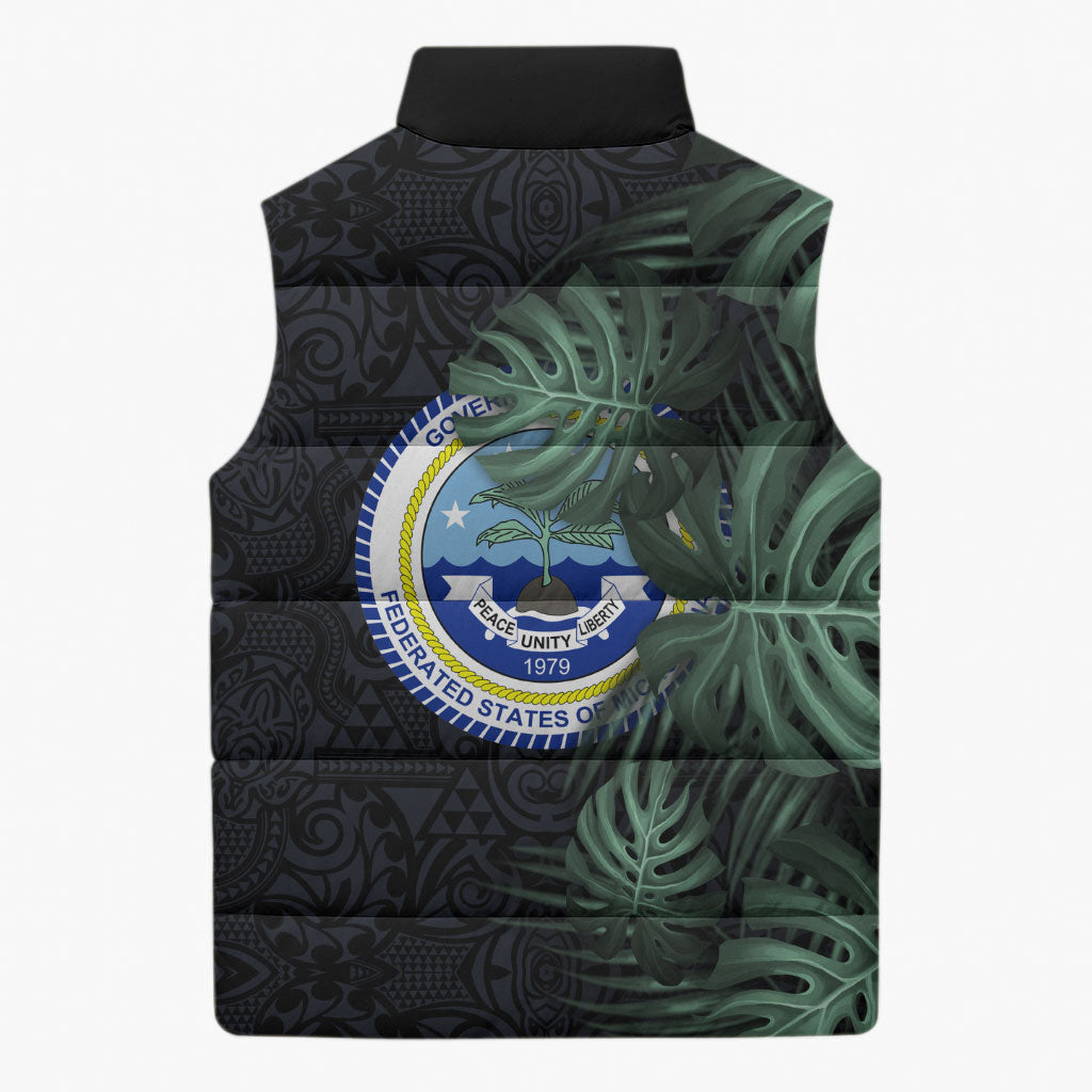 Federated States Of Micronesia Sleeveless Puffer Jacket FSM Tropical Monstera Leaf Dark Tribal Pattern