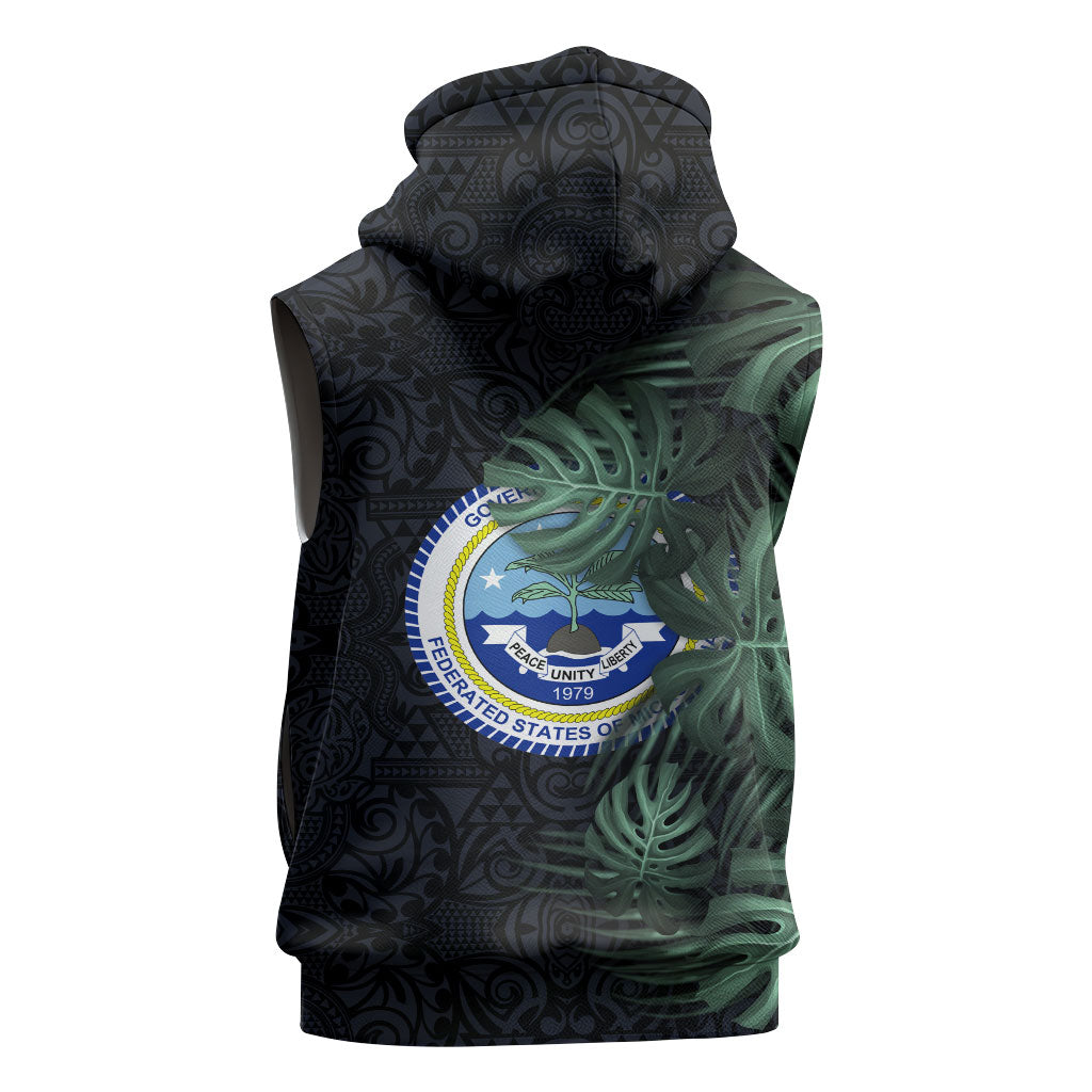 Federated States Of Micronesia Sleeveless Zip Hoodie FSM Tropical Monstera Leaf Dark Tribal Pattern