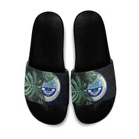 Federated States Of Micronesia Slide Sandals FSM Tropical Monstera Leaf Dark Tribal Pattern