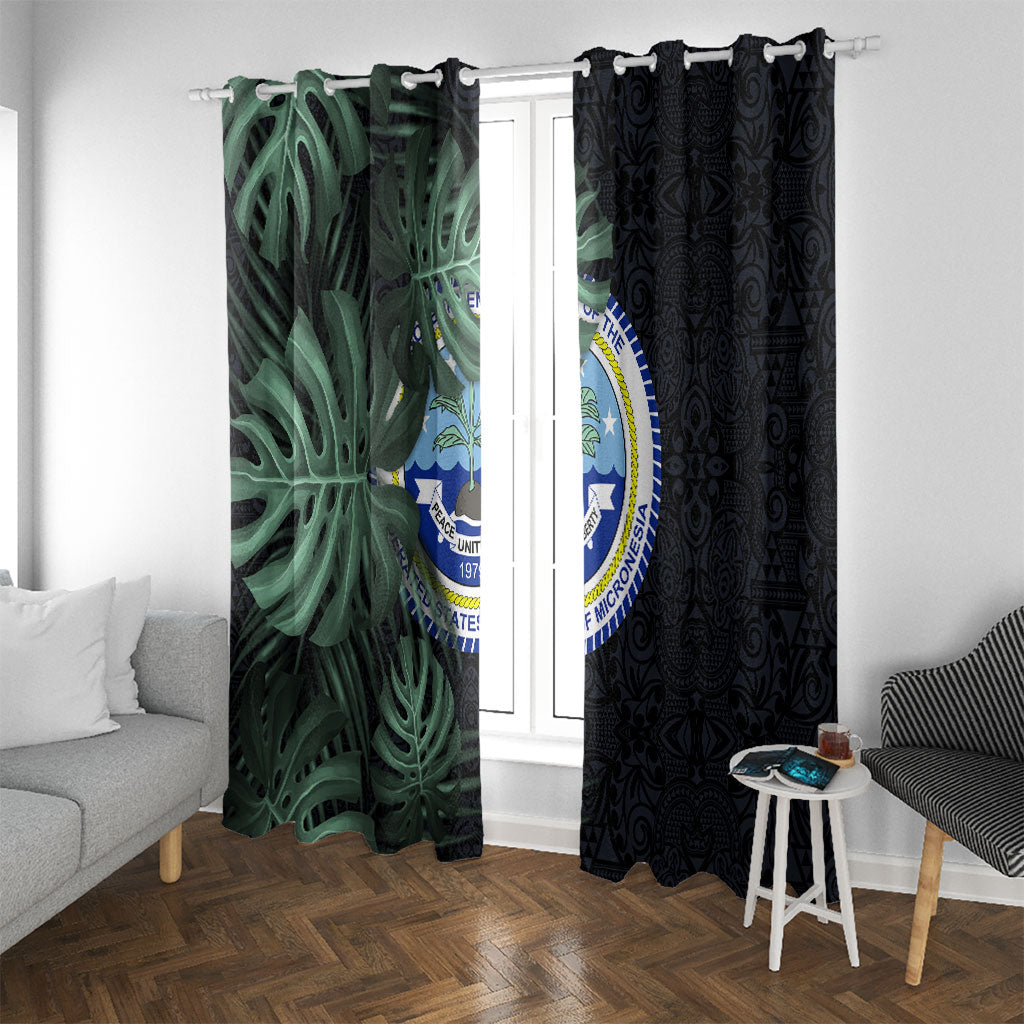Federated States Of Micronesia Window Curtain FSM Tropical Monstera Leaf Dark Tribal Pattern