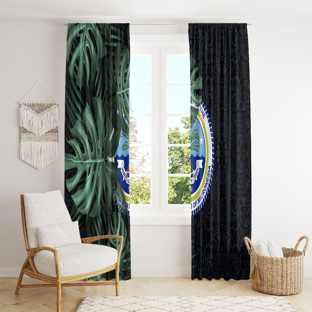 Federated States Of Micronesia Window Curtain FSM Tropical Monstera Leaf Dark Tribal Pattern