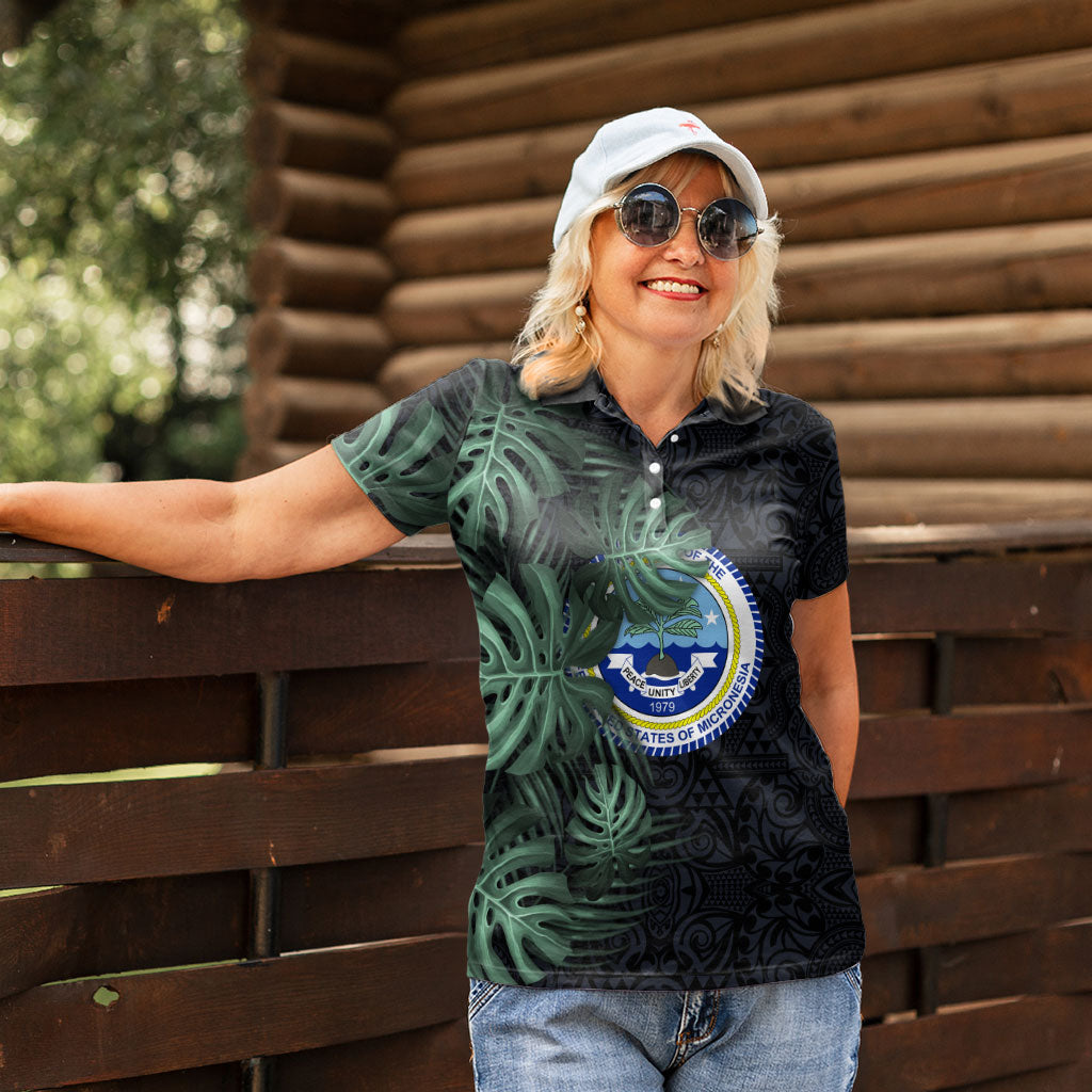 Federated States Of Micronesia Women Polo Shirt FSM Tropical Monstera Leaf Dark Tribal Pattern