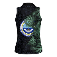 Federated States Of Micronesia Women Sleeveless Polo Shirt FSM Tropical Monstera Leaf Dark Tribal Pattern