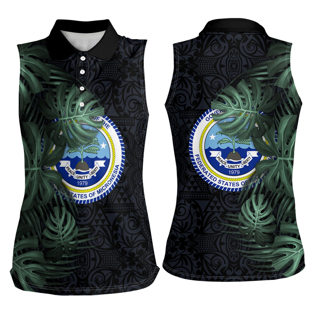 Federated States Of Micronesia Women Sleeveless Polo Shirt FSM Tropical Monstera Leaf Dark Tribal Pattern