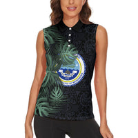 Federated States Of Micronesia Women Sleeveless Polo Shirt FSM Tropical Monstera Leaf Dark Tribal Pattern