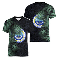 Federated States Of Micronesia Women V-Neck T-Shirt FSM Tropical Monstera Leaf Dark Tribal Pattern