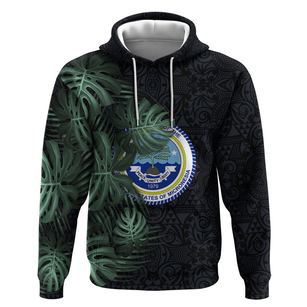 Federated States Of Micronesia Zip Hoodie FSM Tropical Monstera Leaf Dark Tribal Pattern