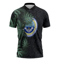Federated States Of Micronesia Zipper Polo Shirt FSM Tropical Monstera Leaf Dark Tribal Pattern