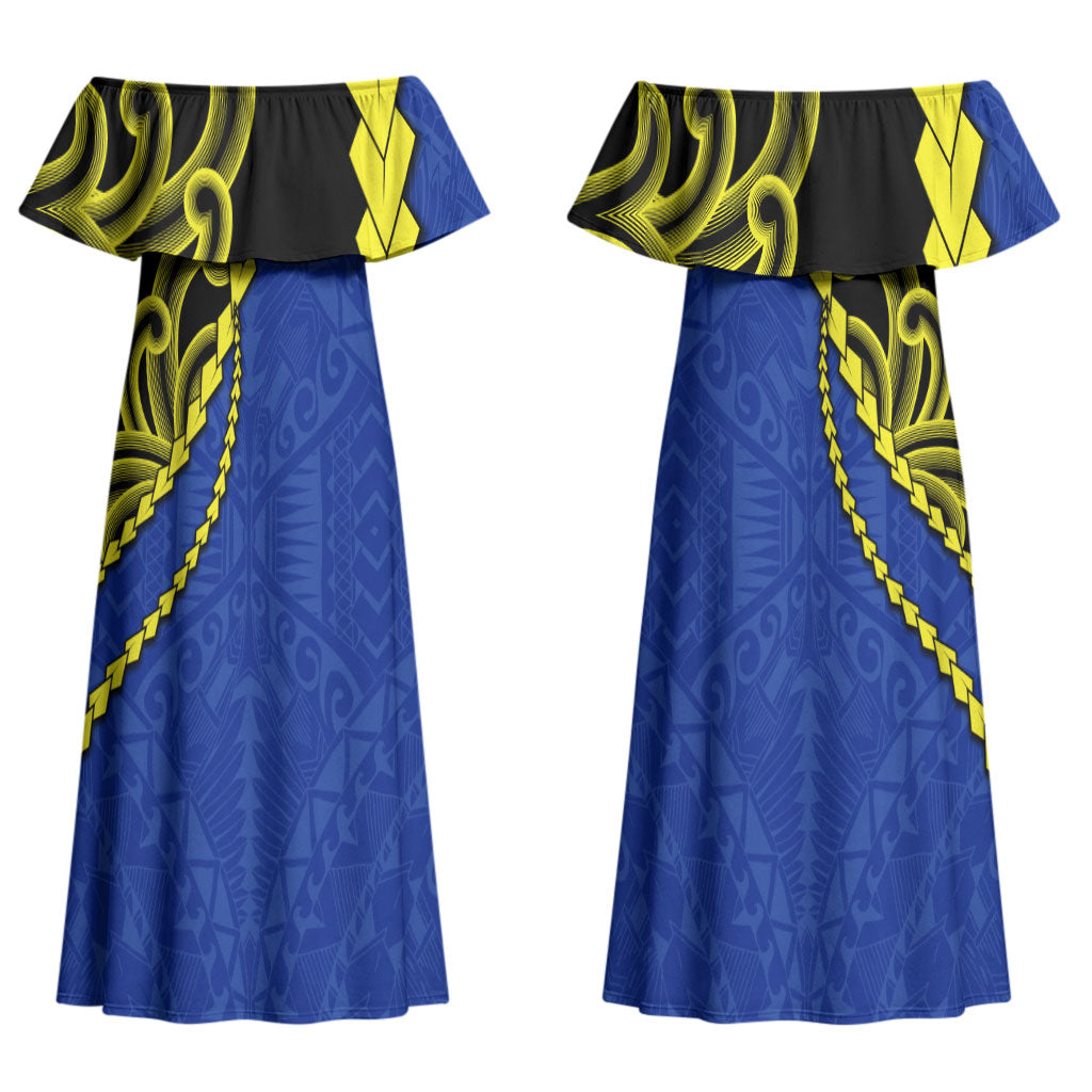Federated States Of Micronesia FSM Couples Matching Off Shoulder Maxi Dress and Hawaiian Shirt Pacific Islander Tribal Swirl Geometric Pattern