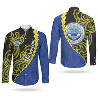 Federated States Of Micronesia FSM Couples Matching Off Shoulder Maxi Dress and Long Sleeve Button Shirt Pacific Islander Tribal Swirl Geometric Pattern