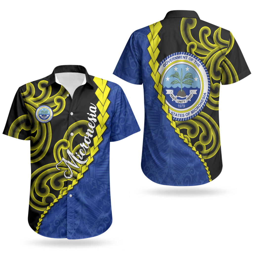 Federated States Of Micronesia FSM Couples Matching Off Shoulder Short Dress and Hawaiian Shirt Pacific Islander Tribal Swirl Geometric Pattern