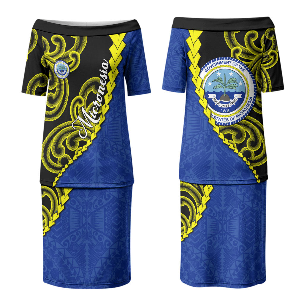 Federated States Of Micronesia FSM Couples Matching Puletasi and Long Sleeve Button Shirt Pacific Islander Tribal Swirl Geometric Pattern