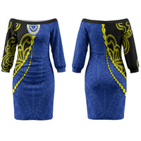 Federated States Of Micronesia FSM Family Matching Off The Shoulder Long Sleeve Dress and Hawaiian Shirt Pacific Islander Tribal Swirl Geometric Pattern