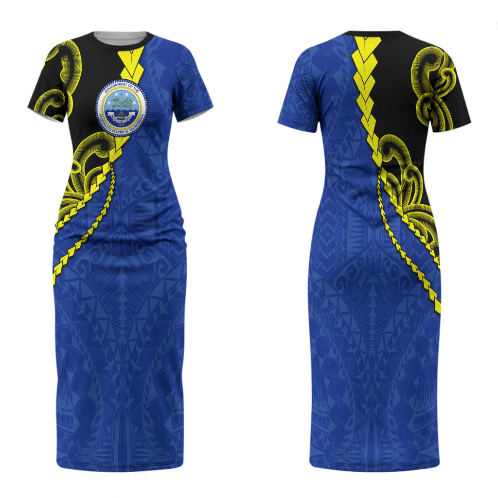 Federated States Of Micronesia FSM Family Matching Short Sleeve Bodycon Dress and Hawaiian Shirt Pacific Islander Tribal Swirl Geometric Pattern