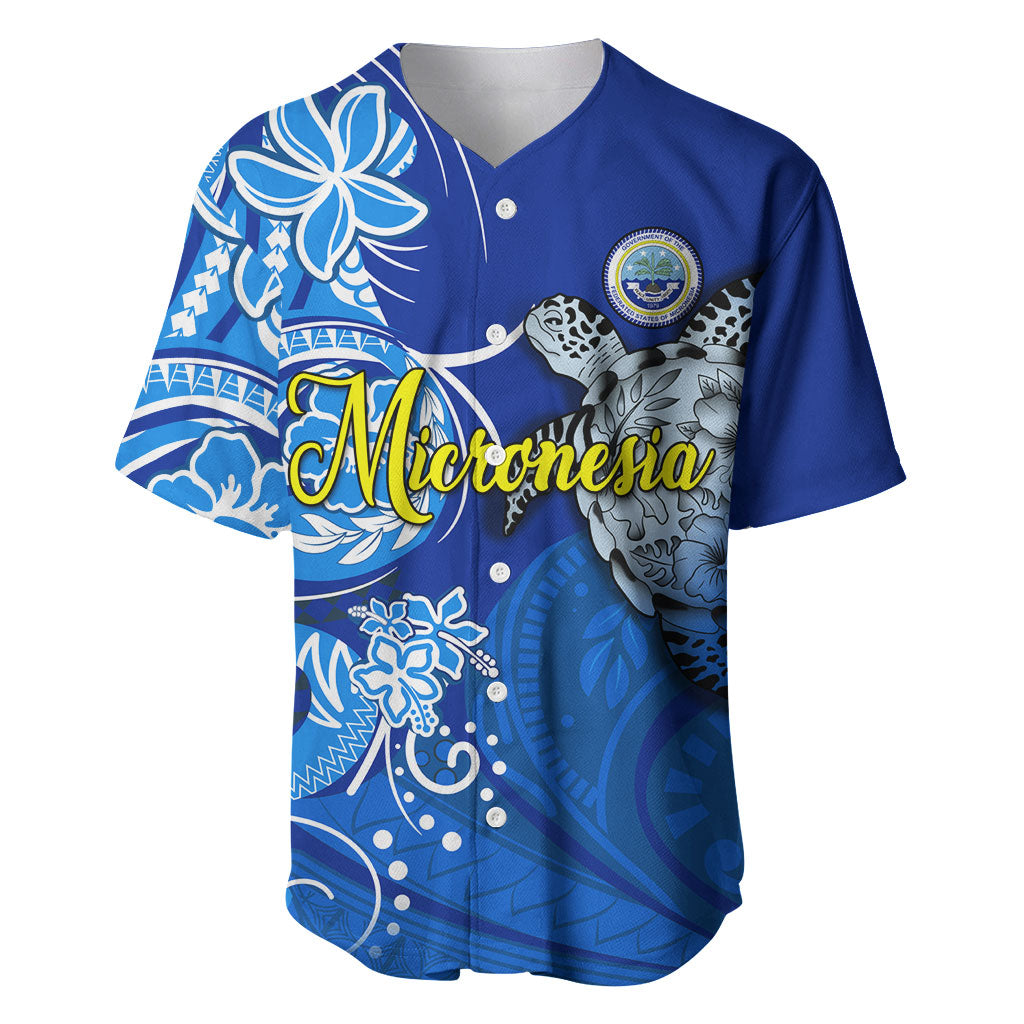 Micronesia Sea Turtle Baseball Jersey Federated States Of Micronesia Tribal Floral Pattern TS04 Blue White - Polynesian Pride