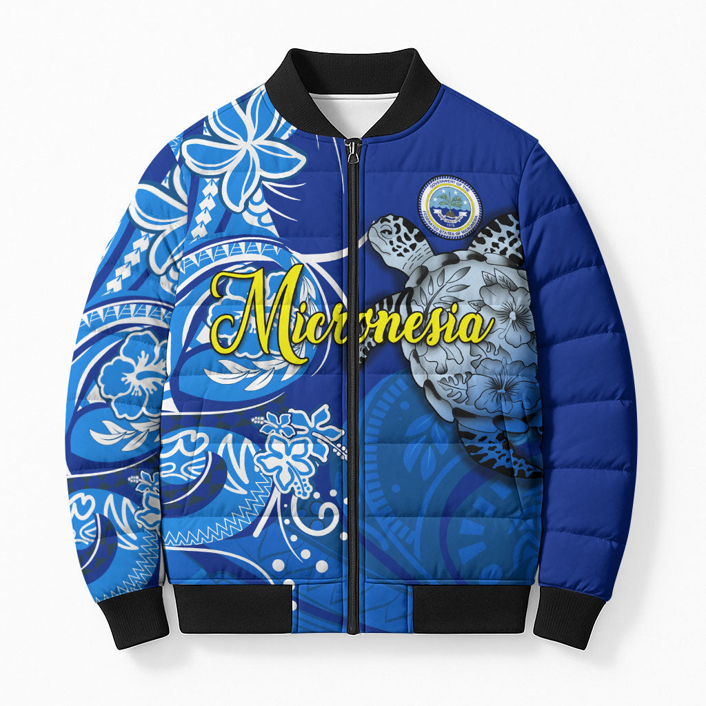 Micronesia Sea Turtle Bomber Puffer Jacket Federated States Of Micronesia Tribal Floral Pattern