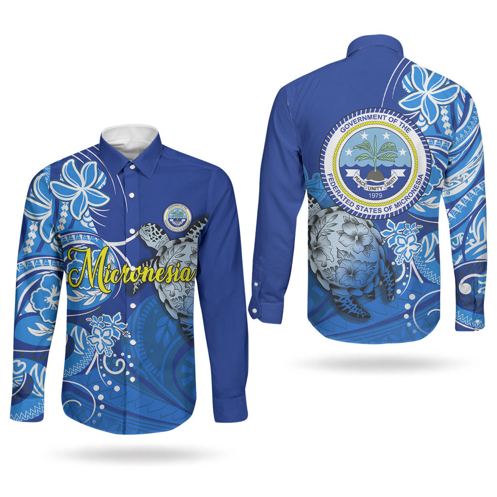 Micronesia Sea Turtle Couples Matching Mermaid Dress and Long Sleeve Button Shirt Federated States Of Micronesia Tribal Floral Pattern