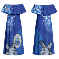 Micronesia Sea Turtle Couples Matching Off Shoulder Maxi Dress and Long Sleeve Button Shirt Federated States Of Micronesia Tribal Floral Pattern