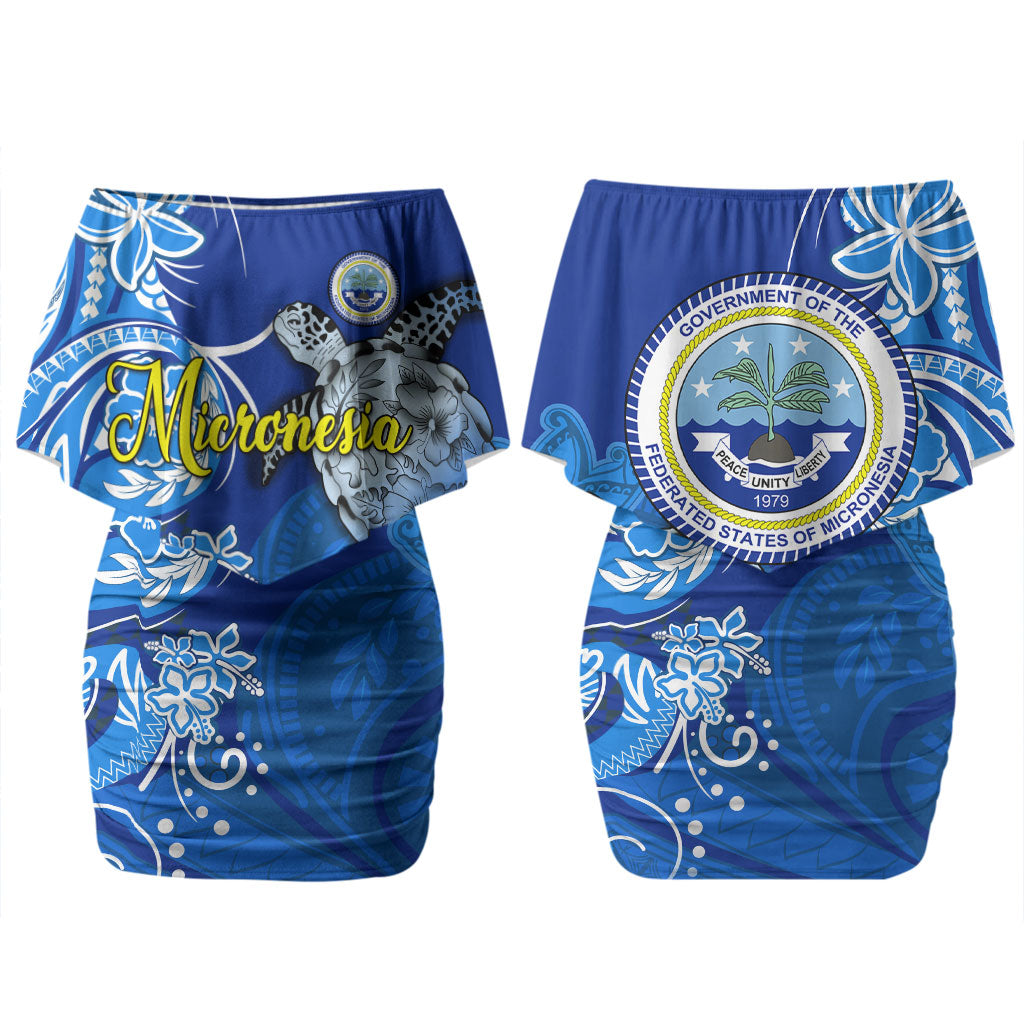Micronesia Sea Turtle Couples Matching Off Shoulder Short Dress and Long Sleeve Button Shirt Federated States Of Micronesia Tribal Floral Pattern