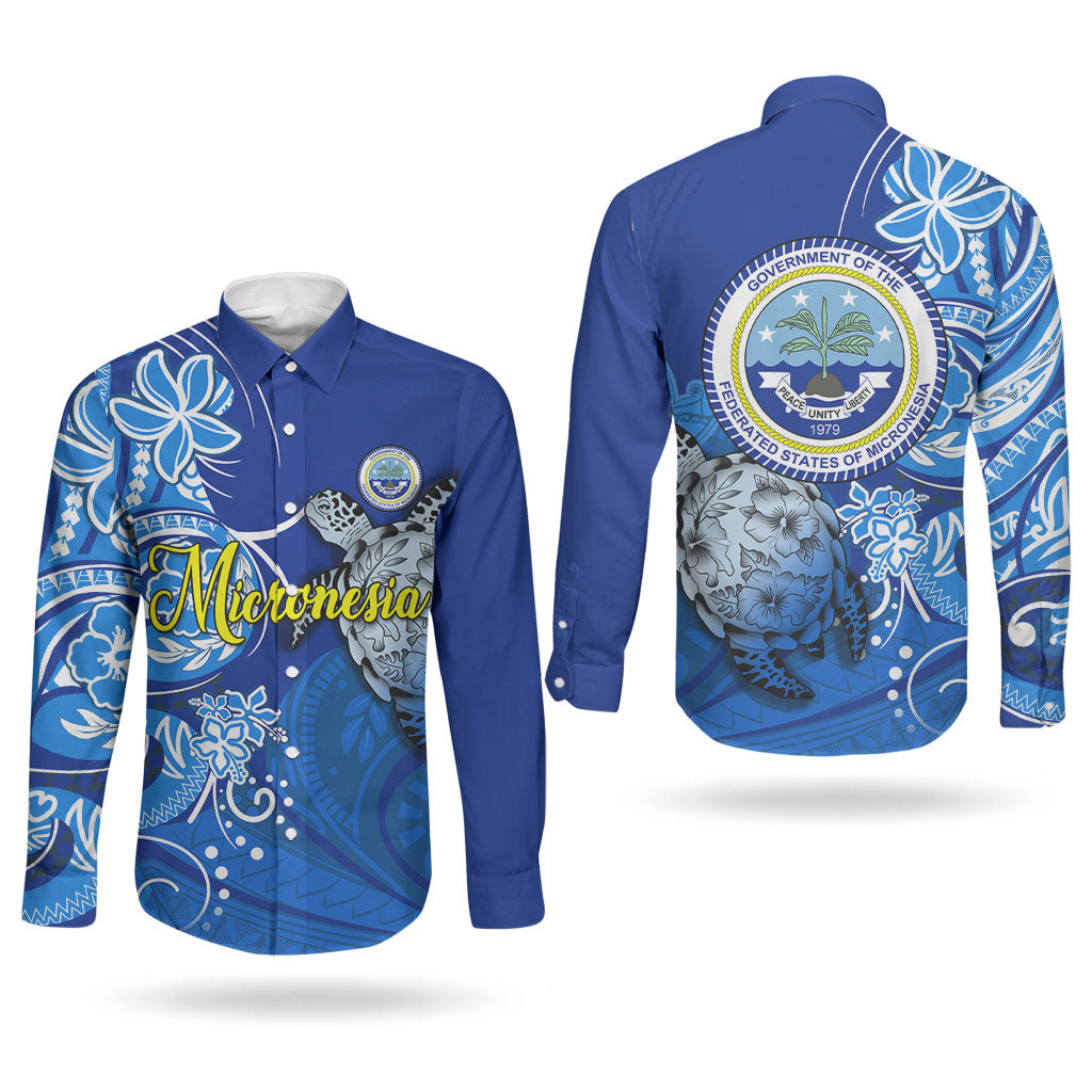 Micronesia Sea Turtle Couples Matching Off The Shoulder Long Sleeve Dress and Long Sleeve Button Shirt Federated States Of Micronesia Tribal Floral Pattern