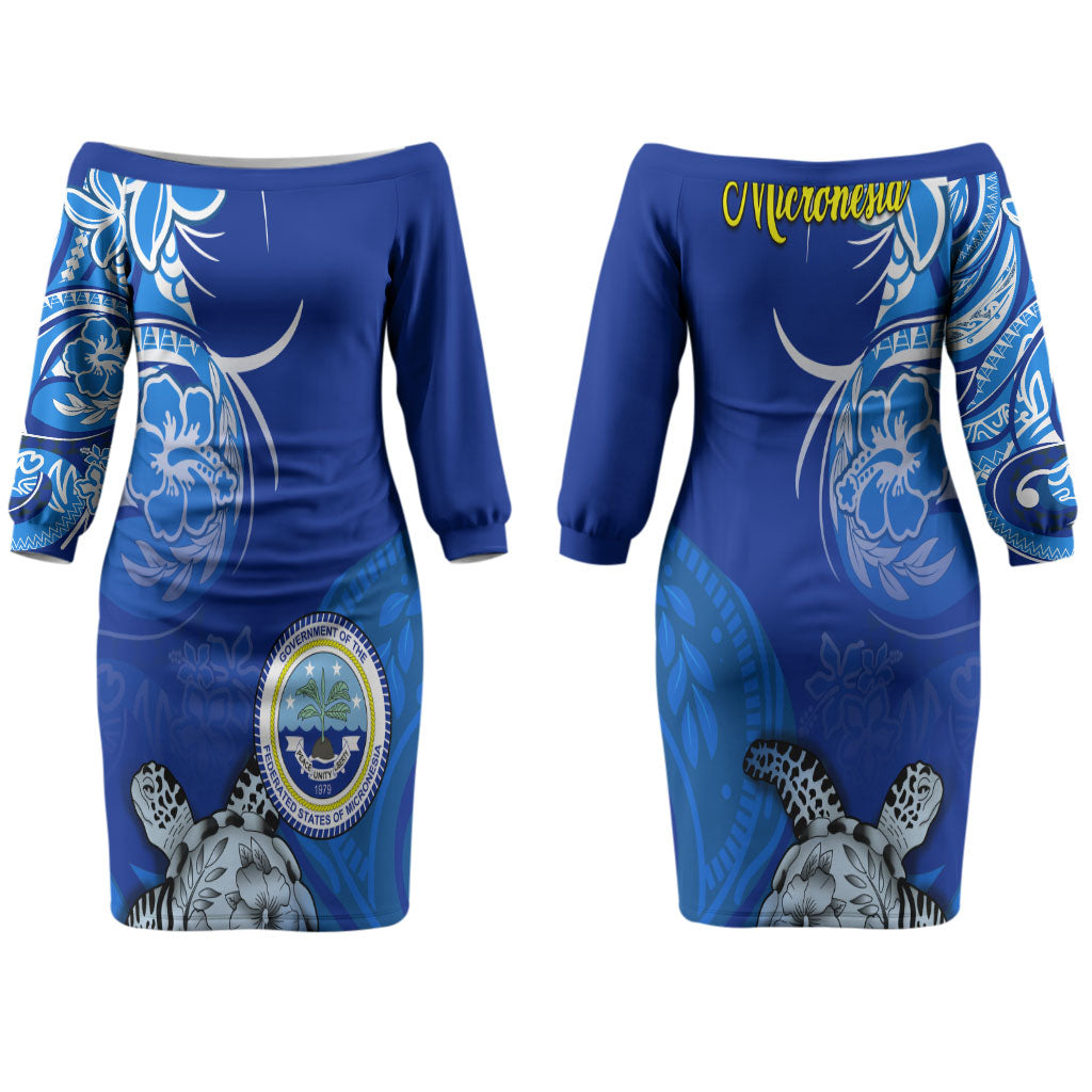 Micronesia Sea Turtle Couples Matching Off The Shoulder Long Sleeve Dress and Long Sleeve Button Shirt Federated States Of Micronesia Tribal Floral Pattern