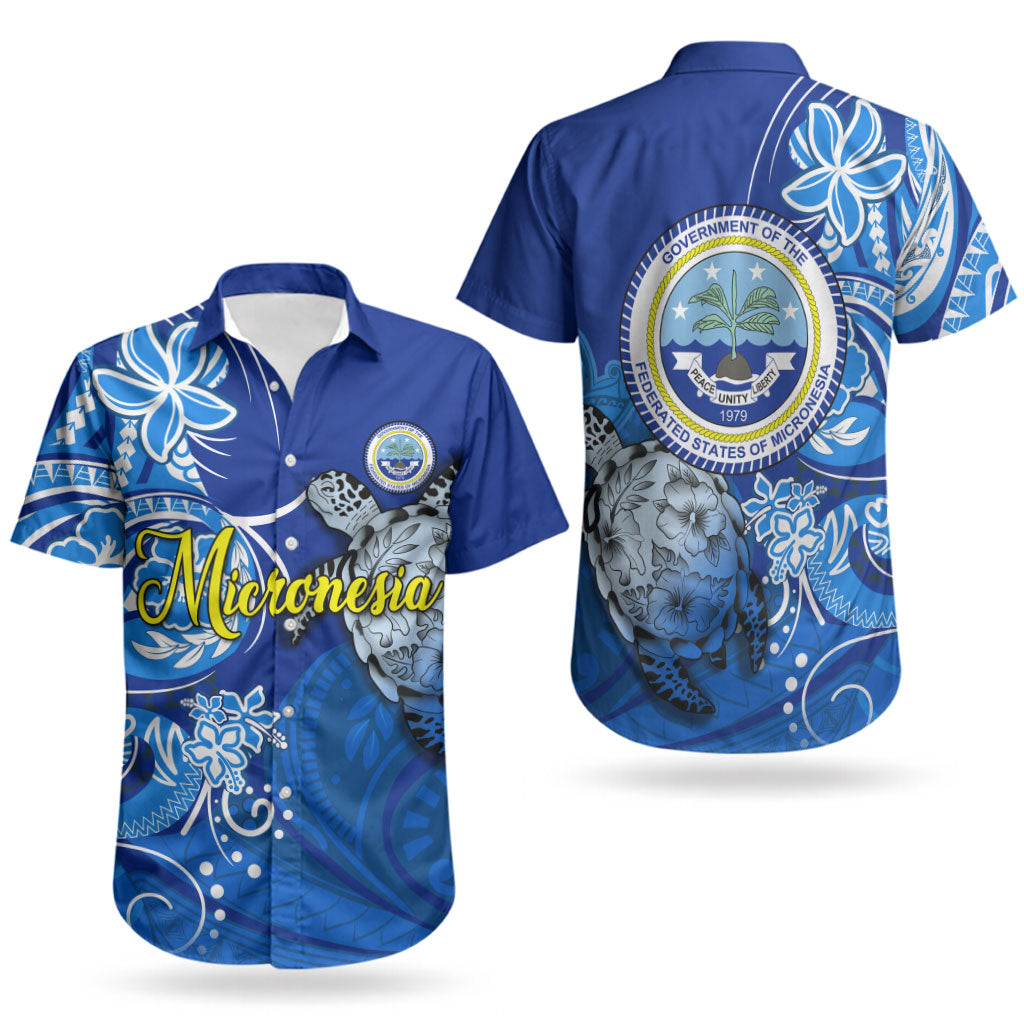 Micronesia Sea Turtle Couples Matching Short Sleeve Bodycon Dress and Hawaiian Shirt Federated States Of Micronesia Tribal Floral Pattern