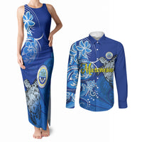 Micronesia Sea Turtle Couples Matching Tank Maxi Dress and Long Sleeve Button Shirt Federated States Of Micronesia Tribal Floral Pattern