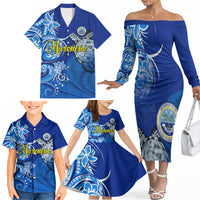 Micronesia Sea Turtle Family Matching Off The Shoulder Long Sleeve Dress and Hawaiian Shirt Federated States Of Micronesia Tribal Floral Pattern