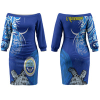 Micronesia Sea Turtle Family Matching Off The Shoulder Long Sleeve Dress and Hawaiian Shirt Federated States Of Micronesia Tribal Floral Pattern