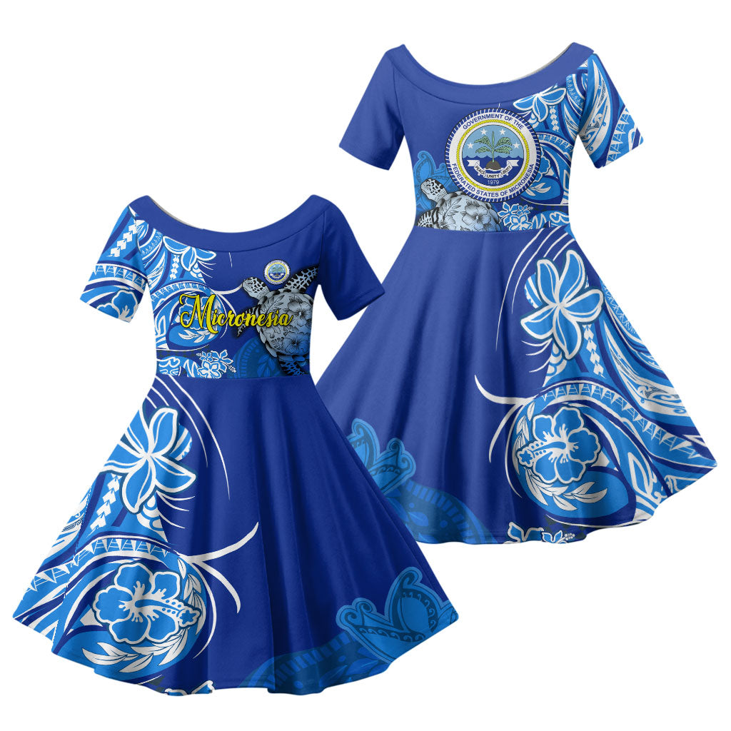 Micronesia Sea Turtle Family Matching Off The Shoulder Long Sleeve Dress and Hawaiian Shirt Federated States Of Micronesia Tribal Floral Pattern