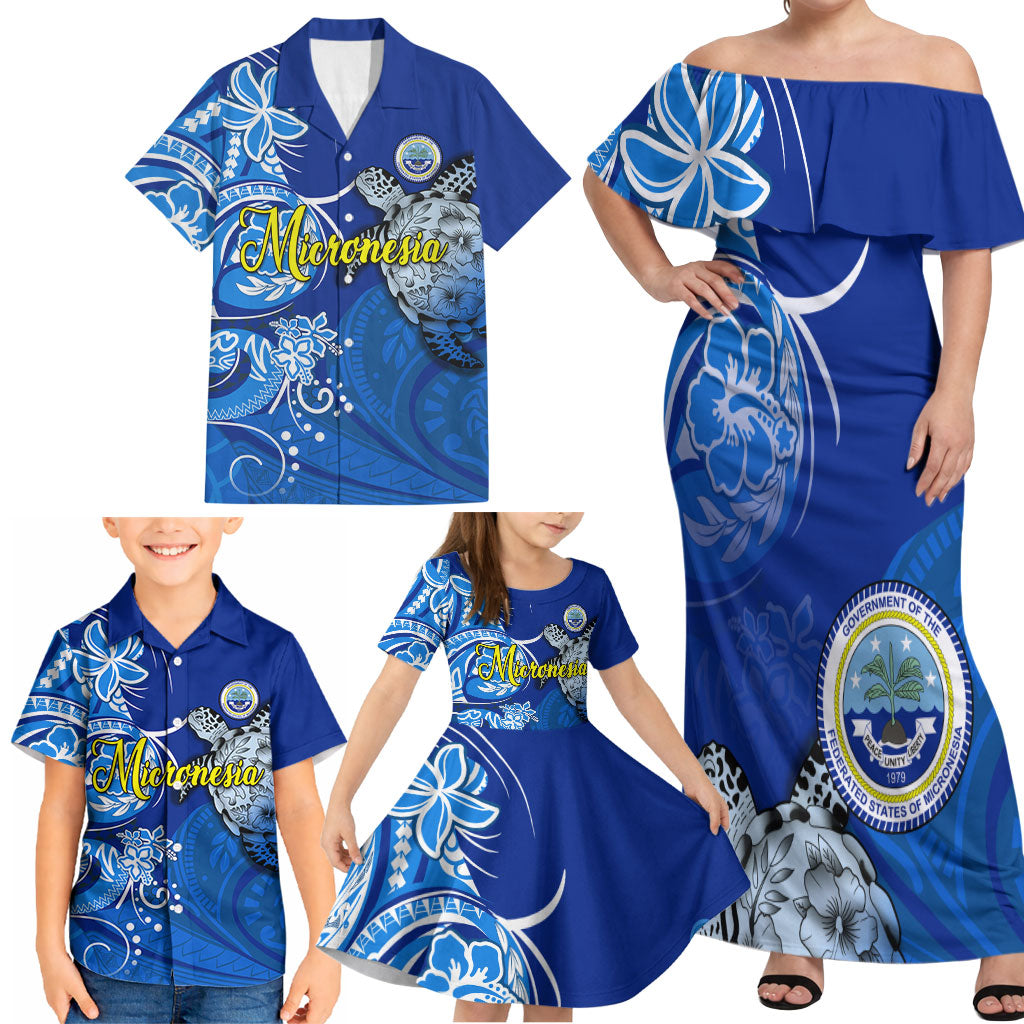 Micronesia Sea Turtle Family Matching Off Shoulder Maxi Dress and Hawaiian Shirt Federated States Of Micronesia Tribal Floral Pattern