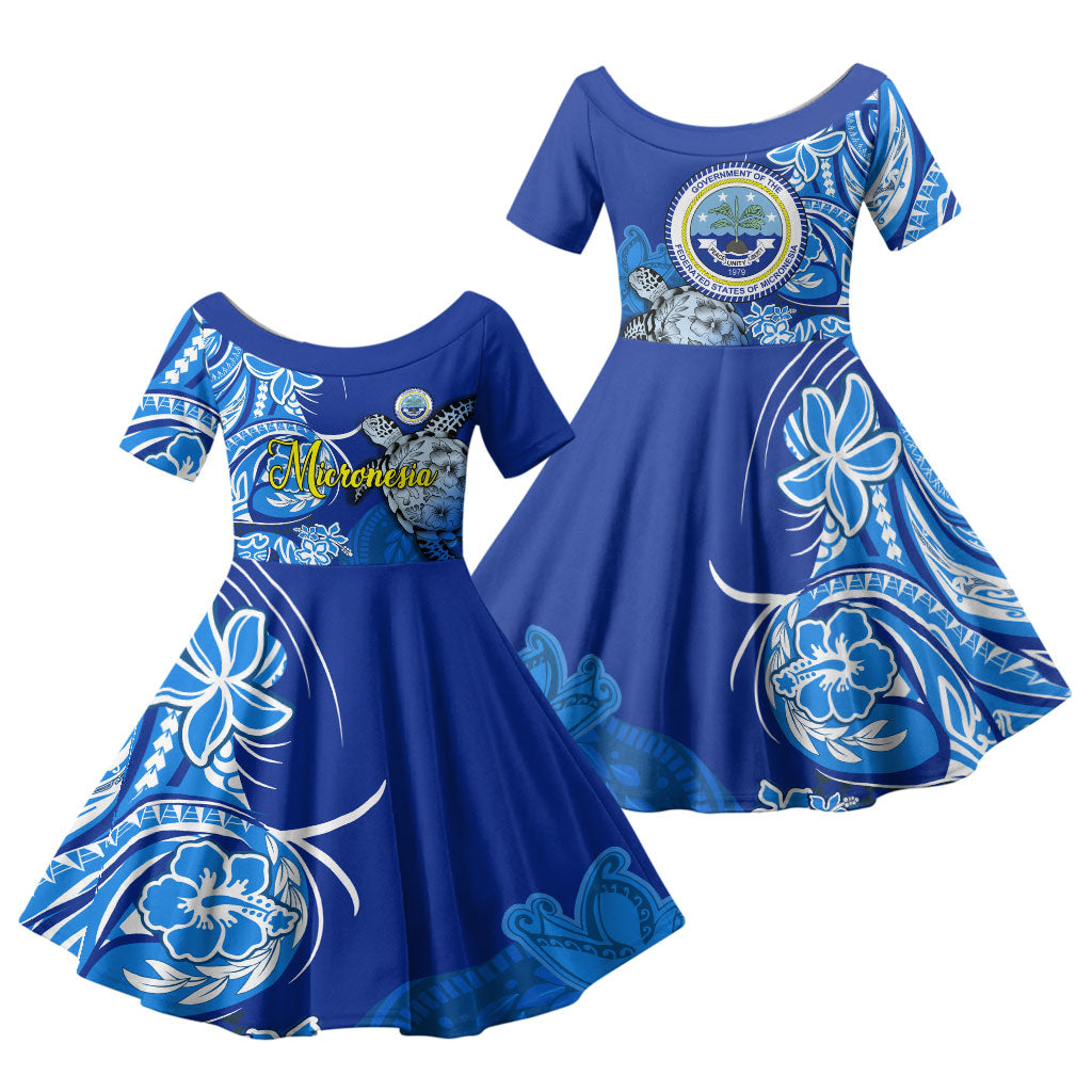 Micronesia Sea Turtle Family Matching Off Shoulder Short Dress and Hawaiian Shirt Federated States Of Micronesia Tribal Floral Pattern