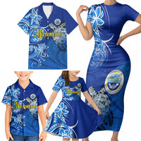 Micronesia Sea Turtle Family Matching Short Sleeve Bodycon Dress and Hawaiian Shirt Federated States Of Micronesia Tribal Floral Pattern