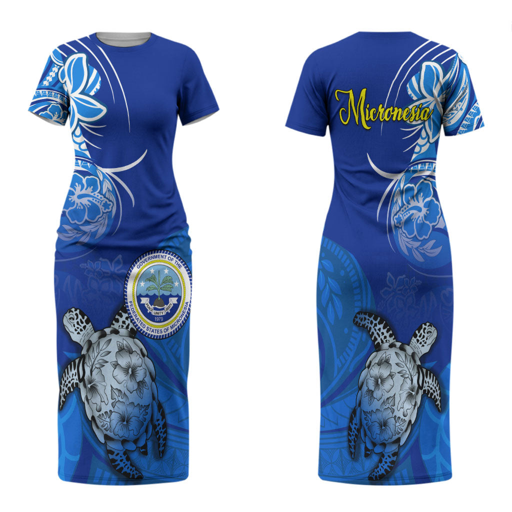 Micronesia Sea Turtle Family Matching Short Sleeve Bodycon Dress and Hawaiian Shirt Federated States Of Micronesia Tribal Floral Pattern