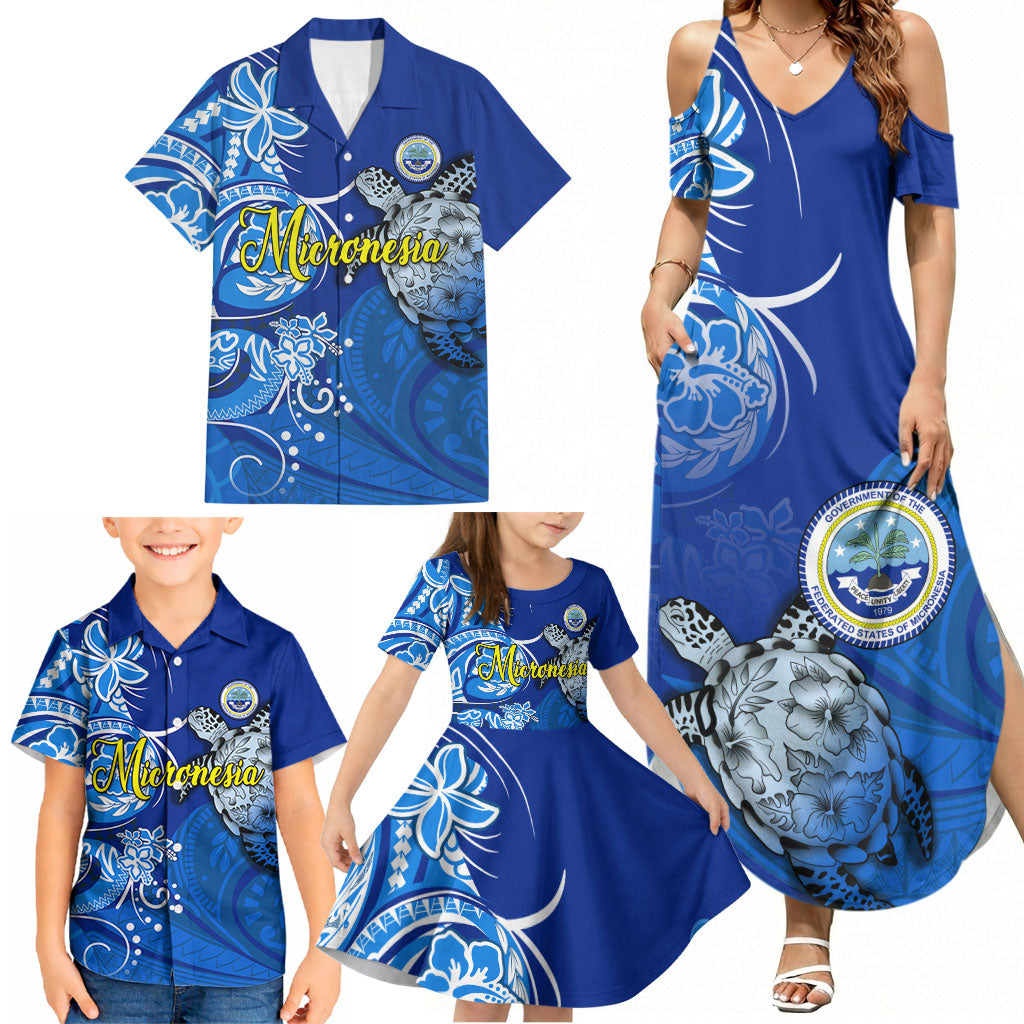 Micronesia Sea Turtle Family Matching Summer Maxi Dress and Hawaiian Shirt Federated States Of Micronesia Tribal Floral Pattern