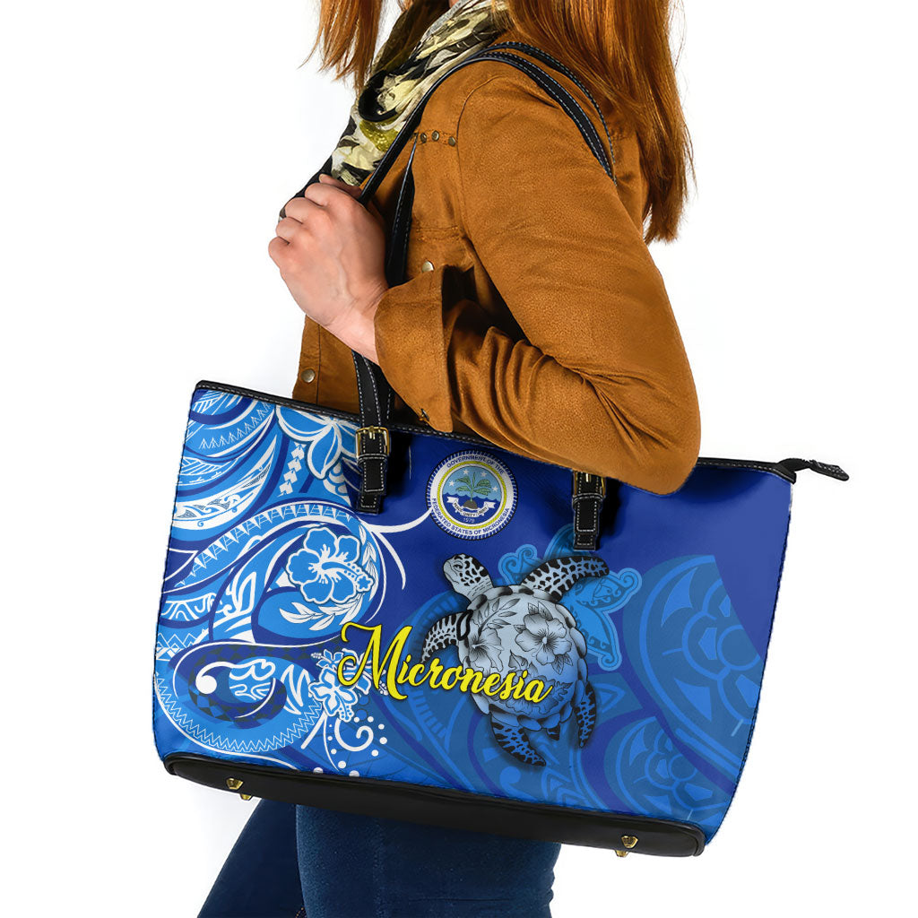 Micronesia Sea Turtle Leather Tote Bag Federated States Of Micronesia Tribal Floral Pattern
