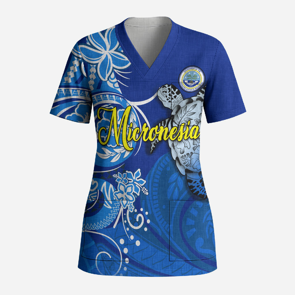 Micronesia Sea Turtle Scrub Top Federated States Of Micronesia Tribal Floral Pattern
