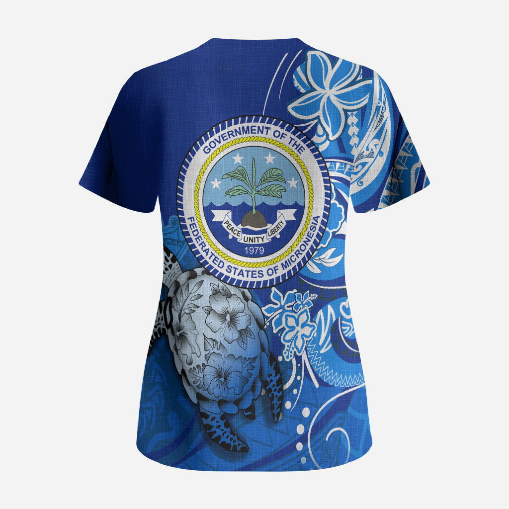 Micronesia Sea Turtle Scrub Top Federated States Of Micronesia Tribal Floral Pattern