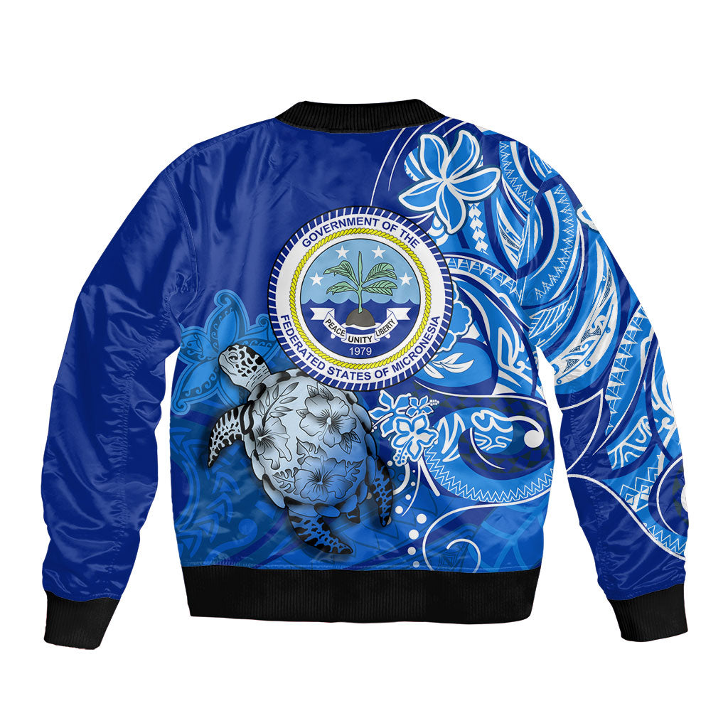Micronesia Sea Turtle Sleeve Zip Bomber Jacket Federated States Of Micronesia Tribal Floral Pattern