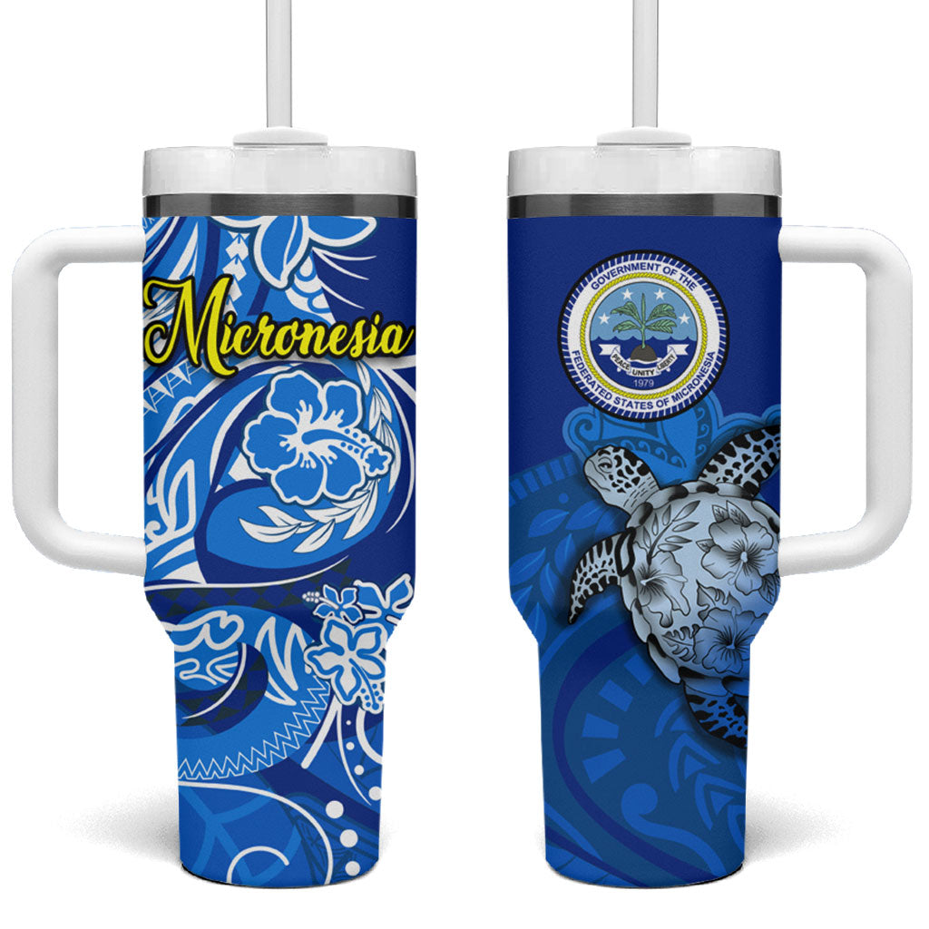 Micronesia Sea Turtle Tumbler With Handle Federated States Of Micronesia Tribal Floral Pattern TS04 One Size: 40 oz Blue White - Polynesian Pride