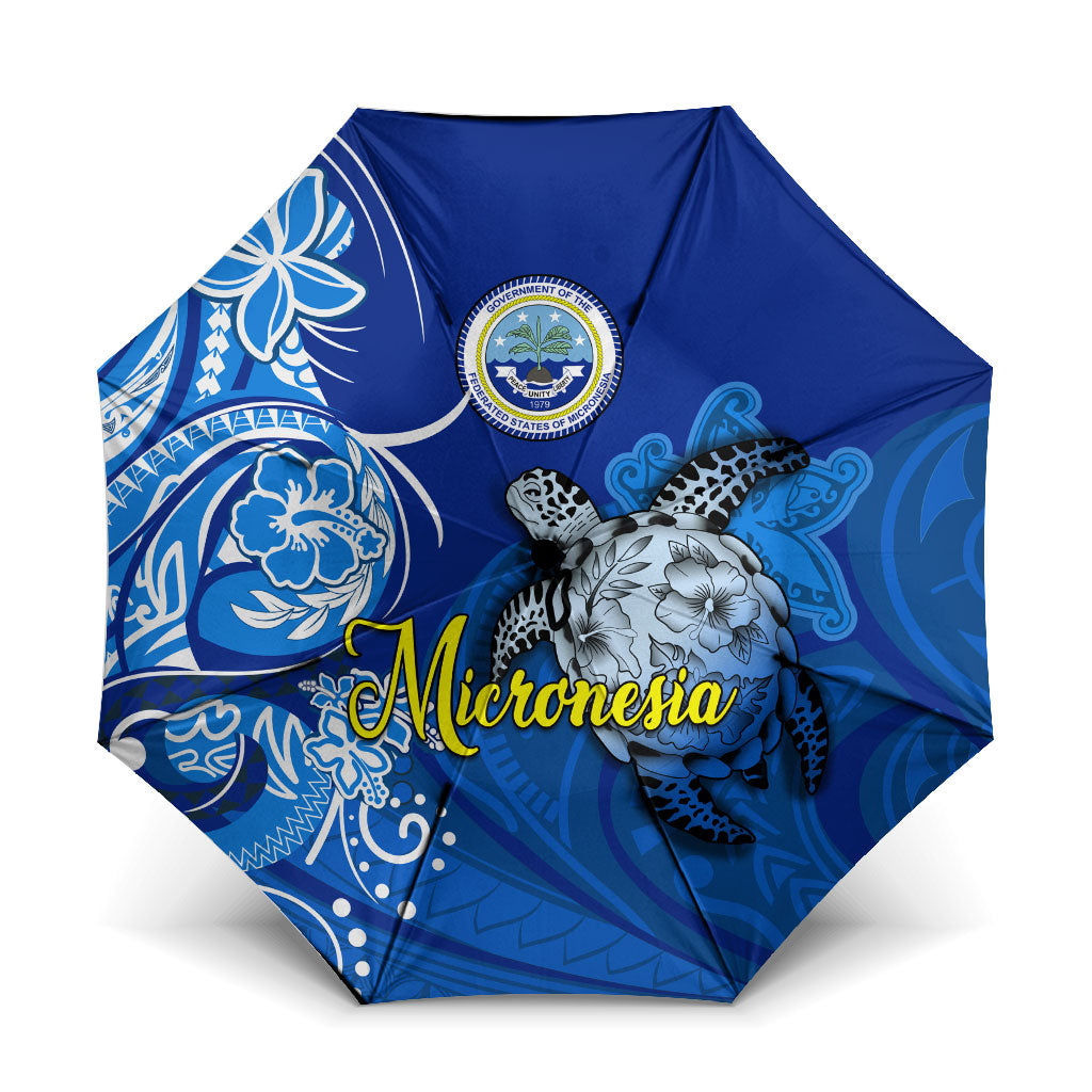 Micronesia Sea Turtle Umbrella Federated States Of Micronesia Tribal Floral Pattern TS04 One Size Folded 11.42 inch Opened Diameter 37.4 inch Blue White - Polynesian Pride