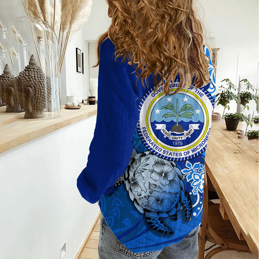 Micronesia Sea Turtle Women Casual Shirt Federated States Of Micronesia Tribal Floral Pattern