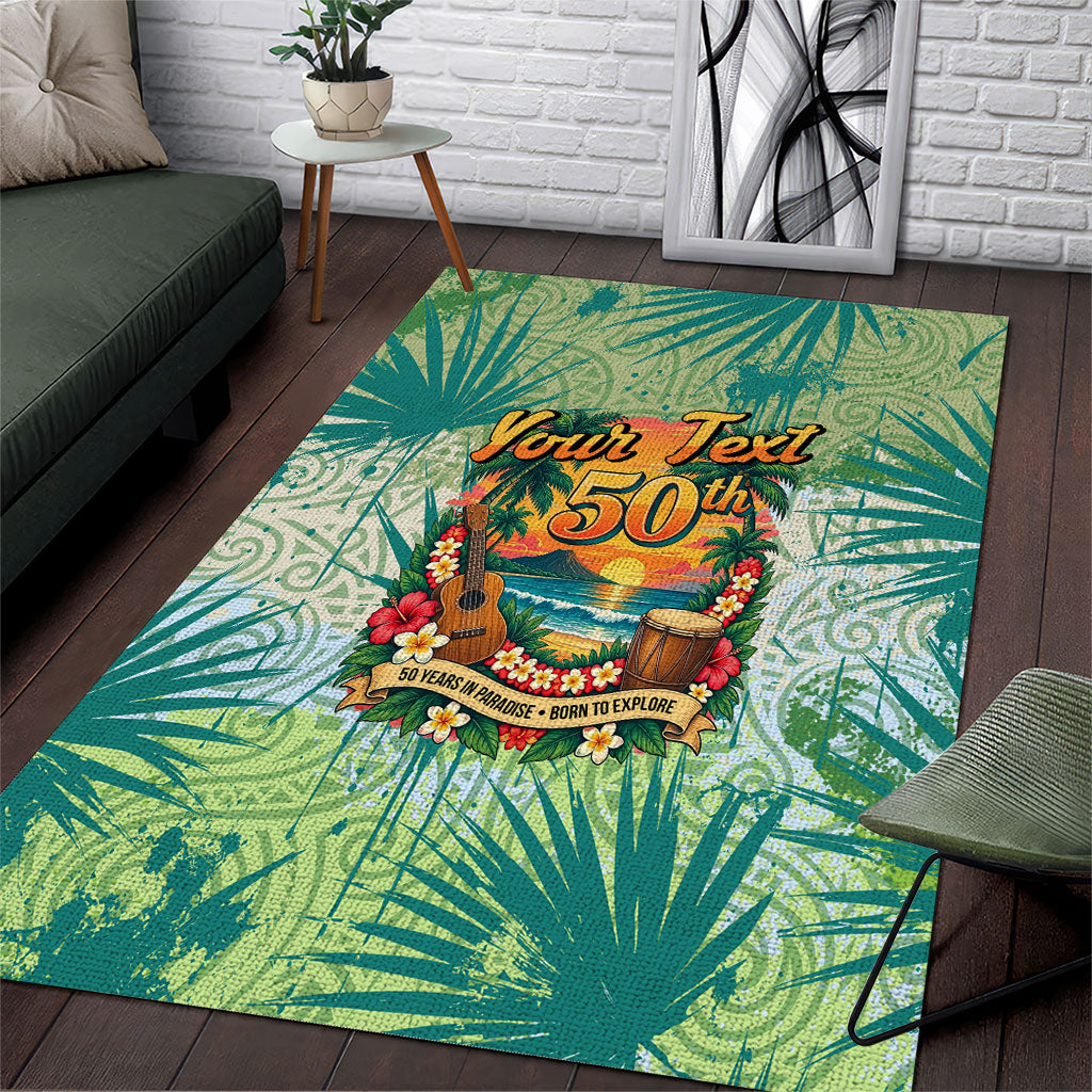 Personalized Polynesia 50th Birthday Area Rug Vintage Hawaiian Floral Ukulele Tropical Sunset Art TS04 Green - Polynesian Pride
