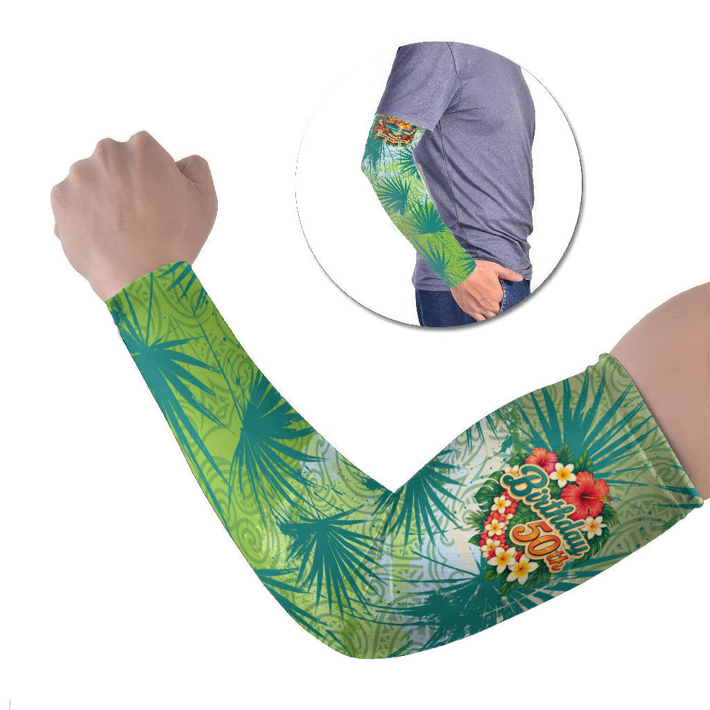 Personalized Polynesia 50th Birthday Arm Sleeves Vintage Hawaiian Floral Ukulele Tropical Sunset Art TS04 Set of 2 Green - Polynesian Pride